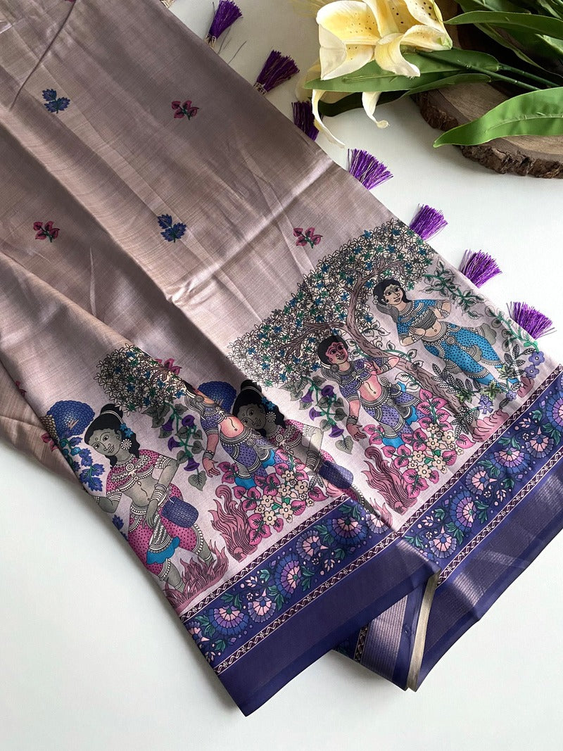 Stunner Lavender Kalamkari Printed Viscose Dola Silk Saree With Majesty Blouse Piece