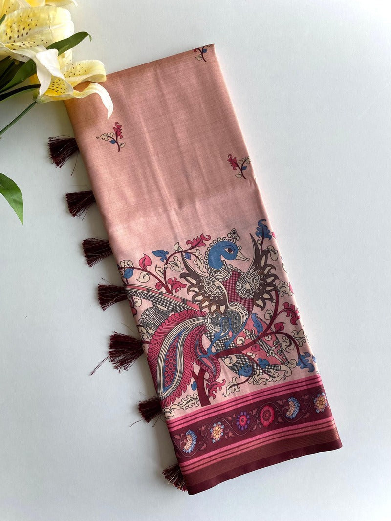 Jazzy Peach Kalamkari Printed Viscose Dola Silk Saree With Unique Blouse Piece
