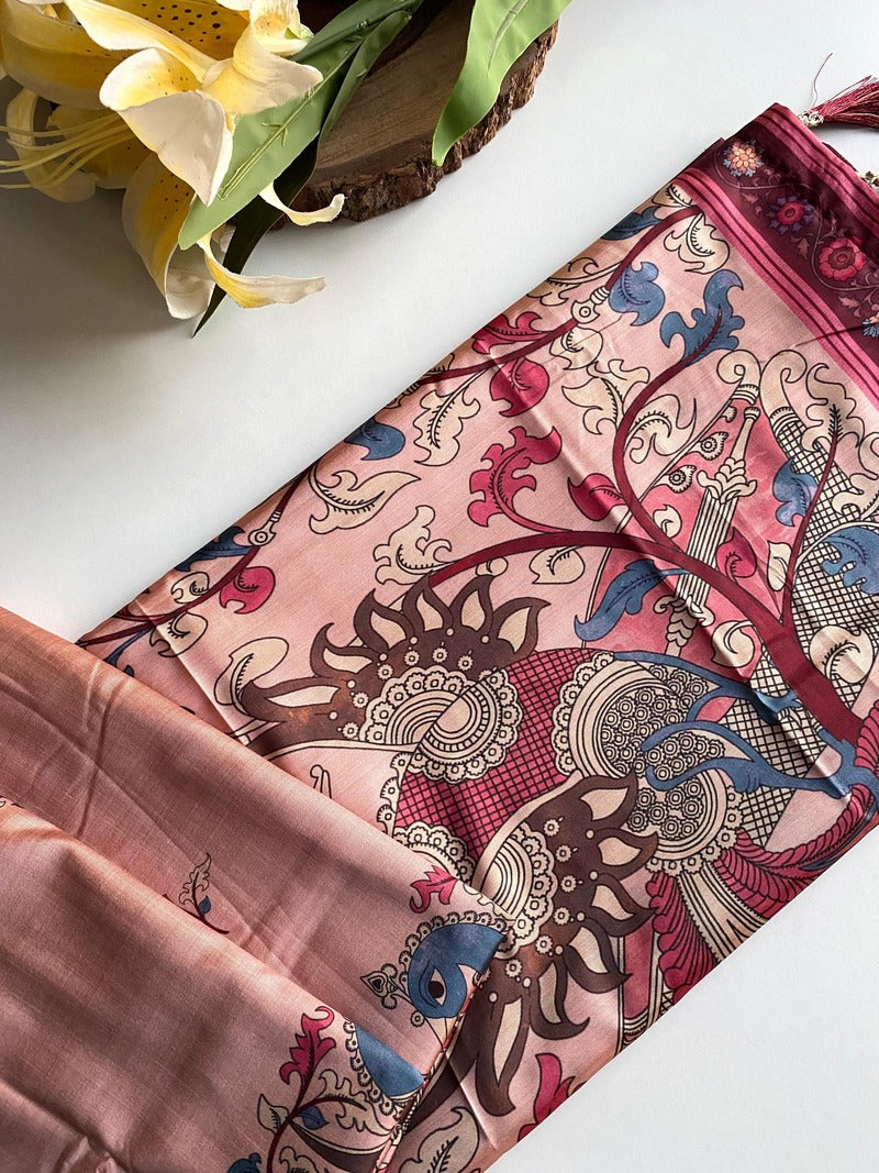 Jazzy Peach Kalamkari Printed Viscose Dola Silk Saree With Unique Blouse Piece
