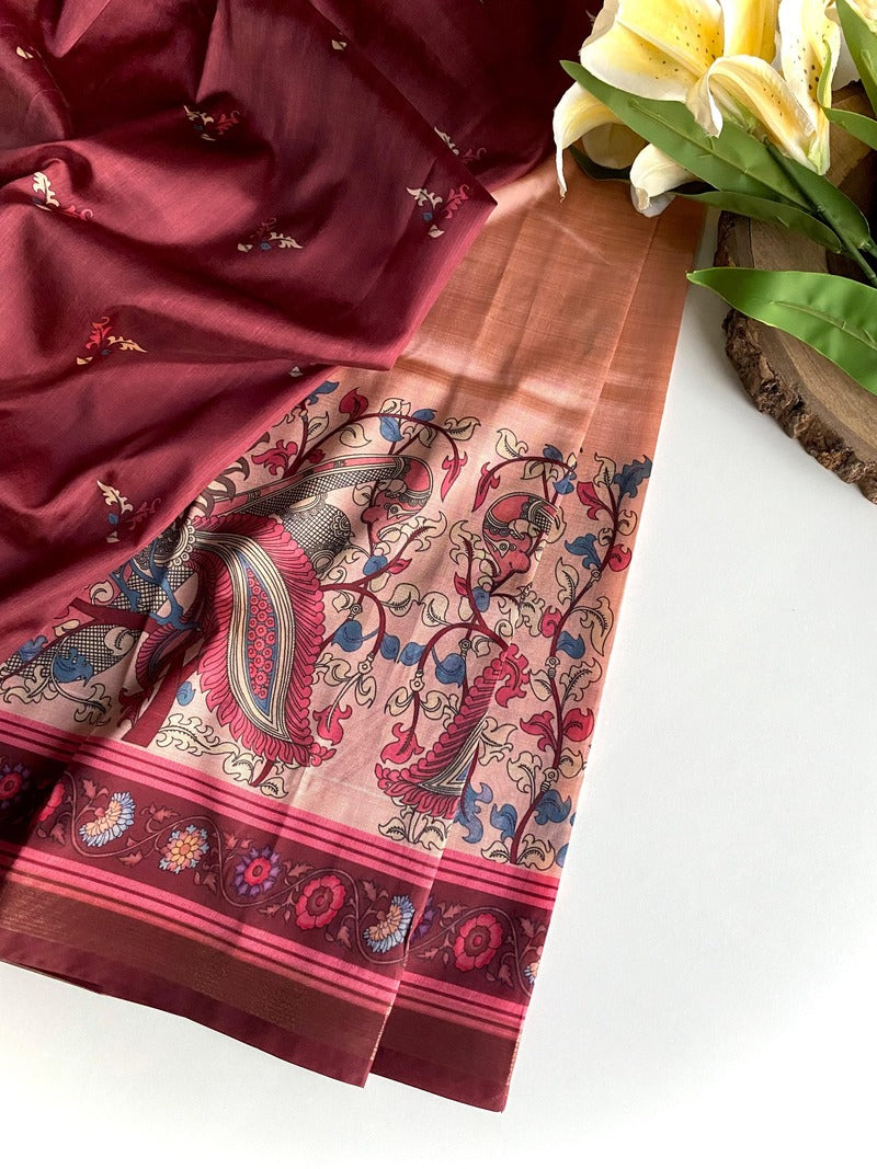 Jazzy Peach Kalamkari Printed Viscose Dola Silk Saree With Unique Blouse Piece