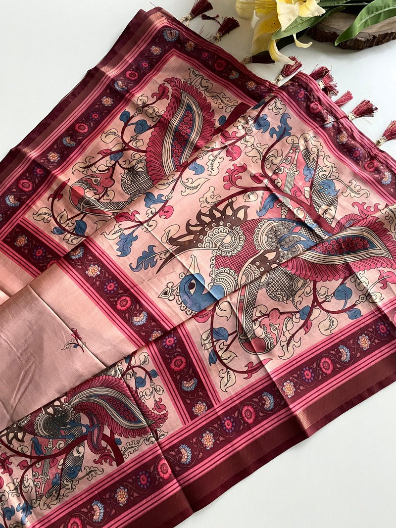 Jazzy Peach Kalamkari Printed Viscose Dola Silk Saree With Unique Blouse Piece
