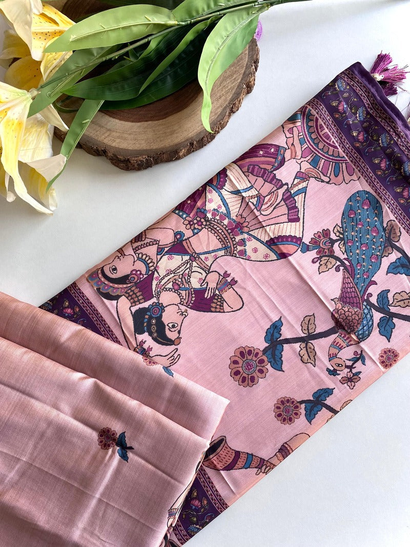 Sizzling Pink Kalamkari Printed Viscose Dola Silk Saree With Pretty Blouse Piece