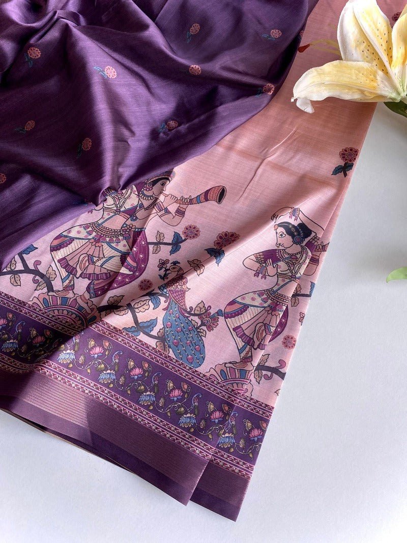 Sizzling Pink Kalamkari Printed Viscose Dola Silk Saree With Pretty Blouse Piece