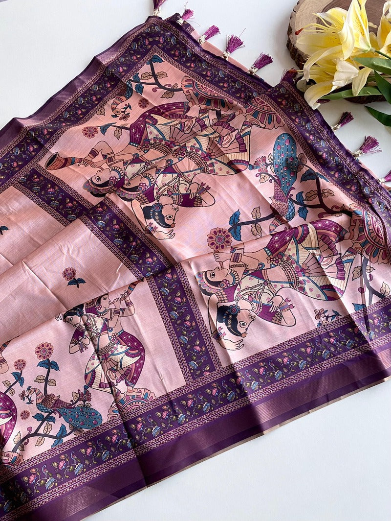 Sizzling Pink Kalamkari Printed Viscose Dola Silk Saree With Pretty Blouse Piece