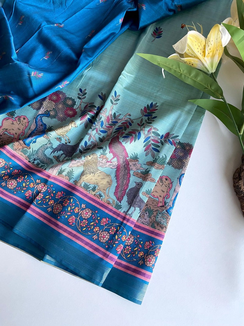 Energetic Sea Green Kalamkari Printed Viscose Dola Silk Saree With Capricious Blouse Piece
