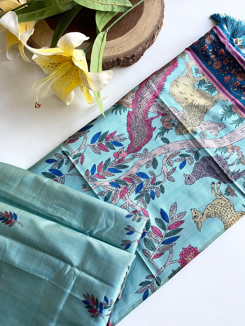 Energetic Sea Green Kalamkari Printed Viscose Dola Silk Saree With Capricious Blouse Piece