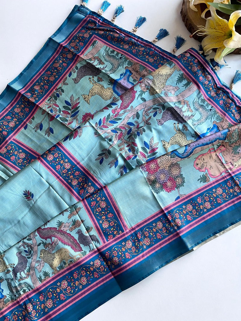 Energetic Sea Green Kalamkari Printed Viscose Dola Silk Saree With Capricious Blouse Piece