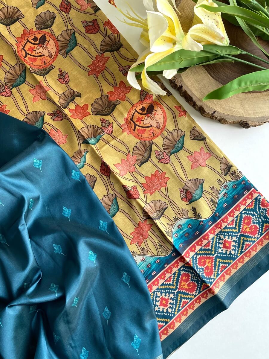 Scintilla Beige Kalamkari Printed Viscose Dola Silk Saree With Gossamer Blouse Piece