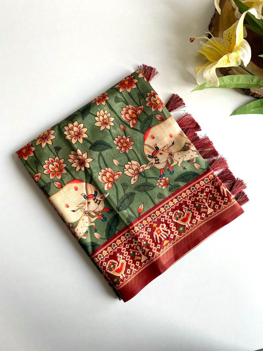 Fantabulous Green Kalamkari Printed Viscose Dola Silk Saree With SnappyBlouse Piece