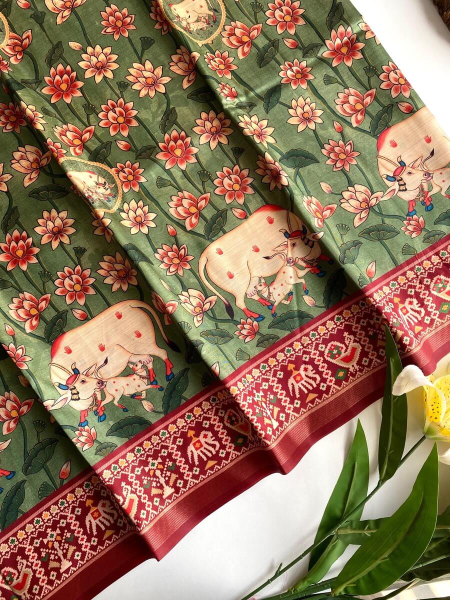 Fantabulous Green Kalamkari Printed Viscose Dola Silk Saree With SnappyBlouse Piece