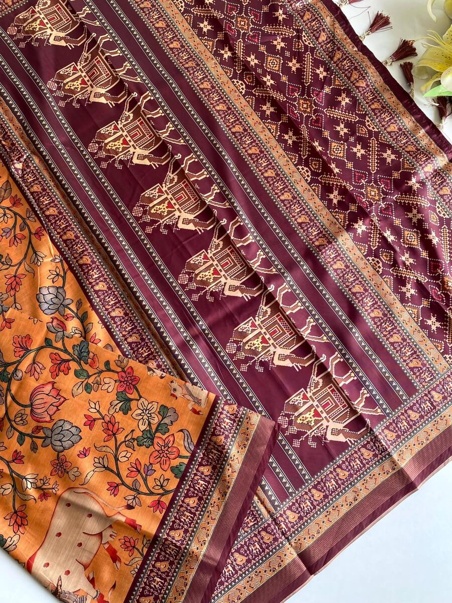 Engaging Orange Kalamkari Printed Viscose Dola Silk Saree With Artistic Blouse Piece