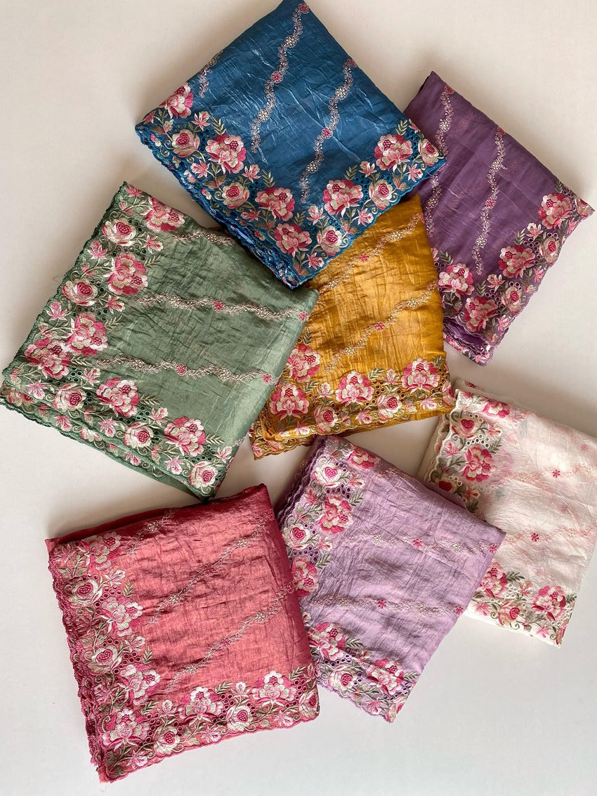 Murmurous Lavender Embroidery Work Crush Silk Saree With Ratatouille Blouse Piece