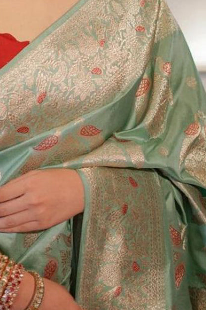 Demure Sea Green Soft Silk Saree With Magnetic Blouse Piece