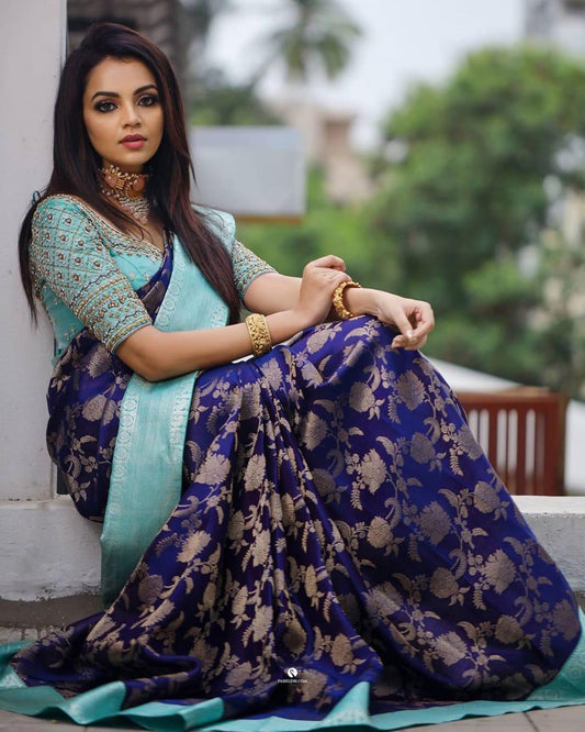Blooming Blue Soft Silk Saree With Smart Blouse Piece