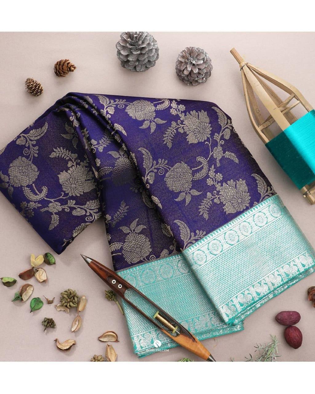 Blooming Blue Soft Silk Saree With Smart Blouse Piece