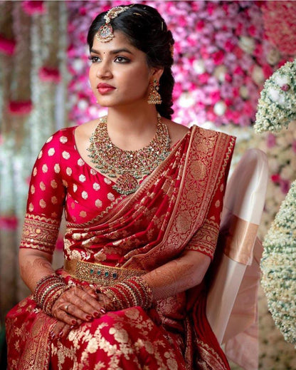 Majesty Red Soft Banarasi Silk Saree With Angelic Blouse Piece