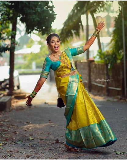 Magnetic Yellow Soft Banarasi Silk Saree With Scintilla Blouse Piece