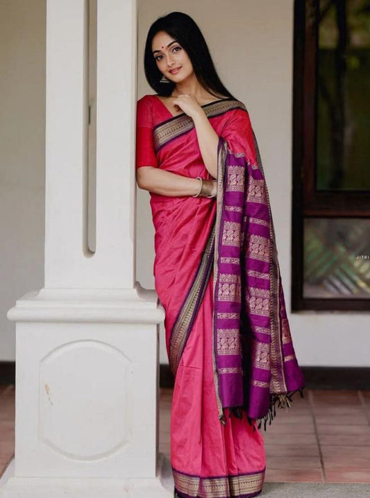 Excellent Pink Soft Banarasi Silk Saree With Murmurous Blouse Piece