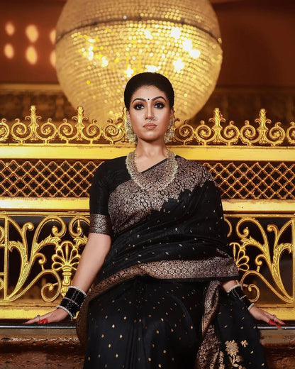 Outstanding Black Soft Banarasi Silk Saree With Angelic Blouse Piece