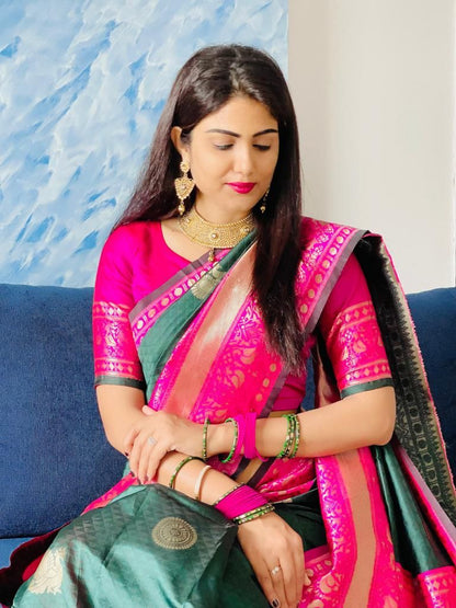 Blooming Green Soft Banarasi Silk Saree With Ethnic Blouse Piece
