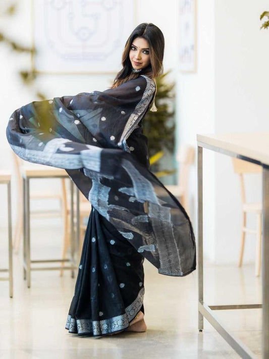 Nemesis Black Soft Silk Saree With Artistic Blouse Piece