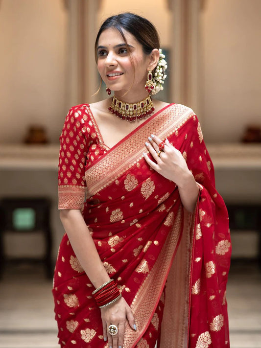Ideal Red Soft Banarasi Silk Saree With Dalliance Blouse Piece