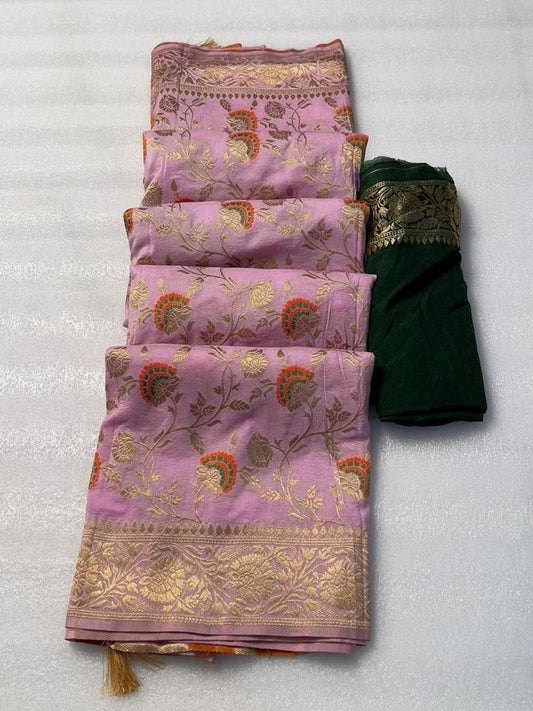 Opulent Pink Soft Banarasi Silk Saree With Glorious Blouse Piece