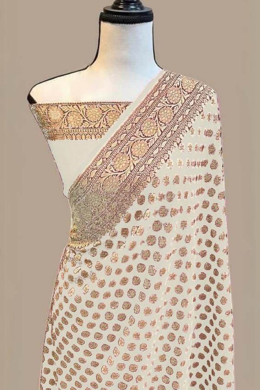 Flattering Beige Soft Banarasi Silk Saree With Elegant Blouse Piece