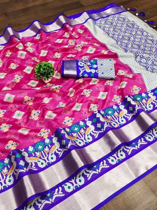 Splendiferous Dark Pink Organza Silk Saree With Fragrant Blouse Piece