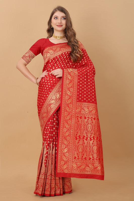 Prettiest Red Banarasi Silk Saree With Panoply Blouse Piece