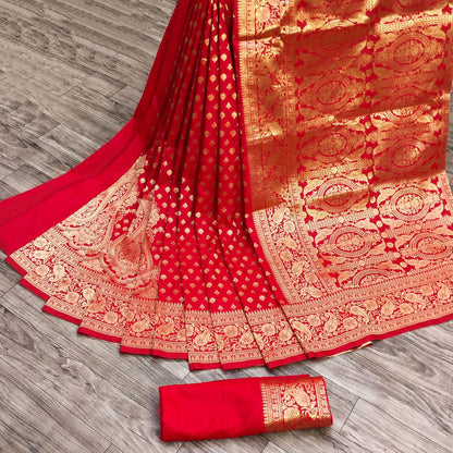 Prettiest Red Banarasi Silk Saree With Panoply Blouse Piece