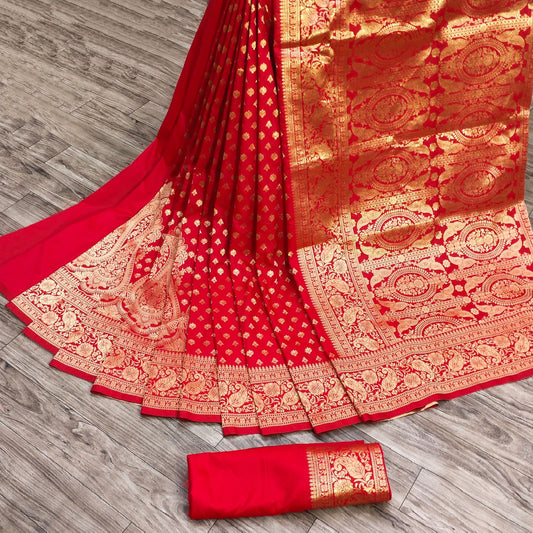 Prettiest Red Banarasi Silk Saree With Panoply Blouse Piece