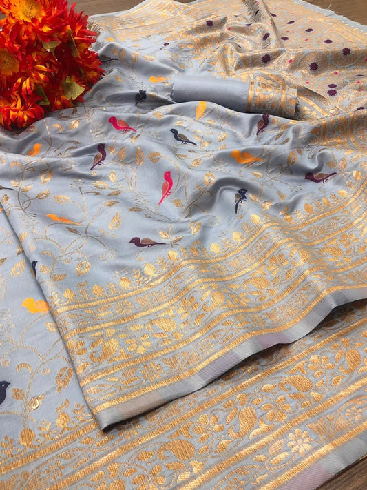 Pretty Grey Soft Banarasi Silk Saree With Panoply Blouse Piece