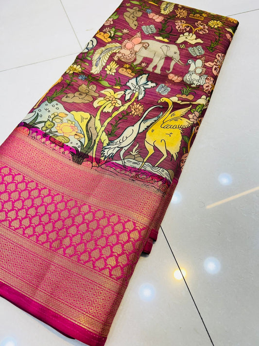 Blooming Purple Kalamkari Printed Saree With Majesty Blouse Piece