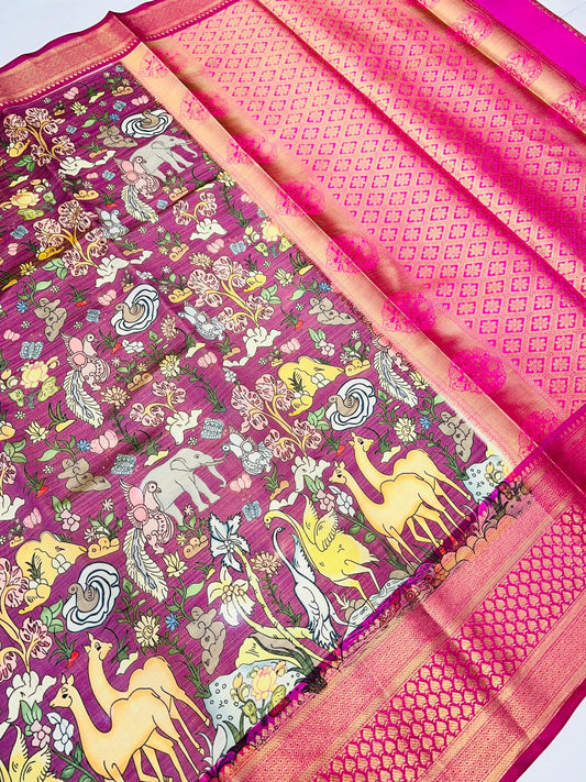 Blooming Purple Kalamkari Printed Saree With Majesty Blouse Piece