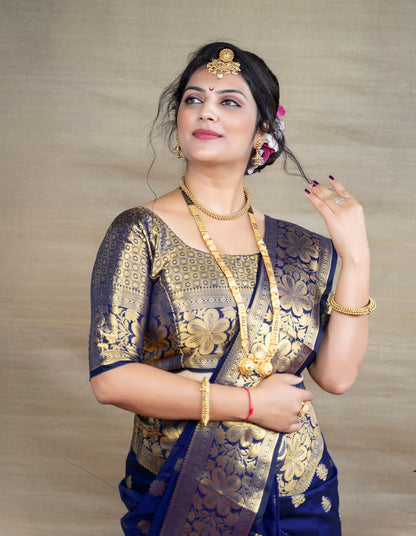 Pleasant Navy Blue Banarasi Silk Saree With Assemblage Blouse Piece