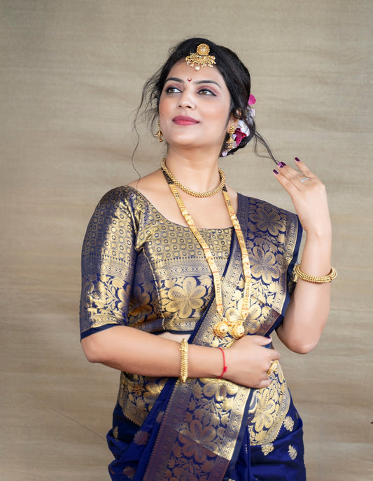 Pleasant Navy Blue Banarasi Silk Saree With Assemblage Blouse Piece