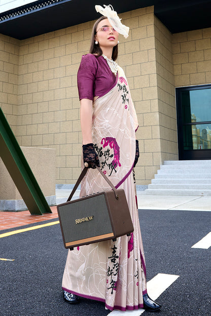 Flamboyant Beige Digital Printed Satin Silk Saree With Inspiring Blouse Piece