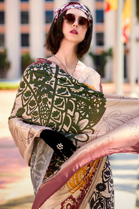 Energetic Beige Digital Printed Satin Silk Saree With Skinny Blouse Piece