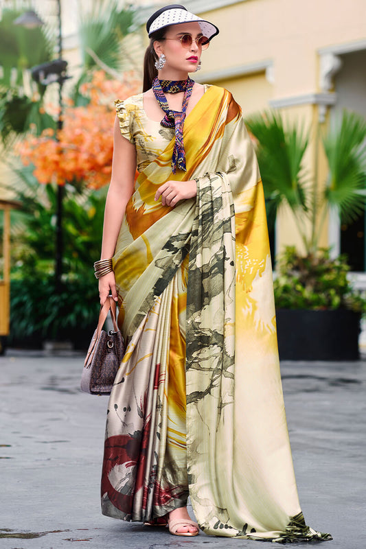 Glittering Beige and Yellow Digital Printed Satin Silk Saree With Charismatic Blouse Piece
