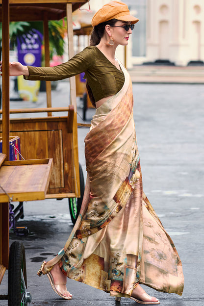 Profuse Beige and Brown Digital Printed Satin Silk Saree With Elaborate Blouse Piece