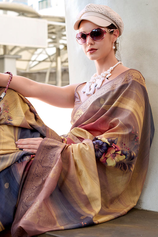 Lovely Brown Digital Printed Soft Silk Saree With Skinny Blouse Piece