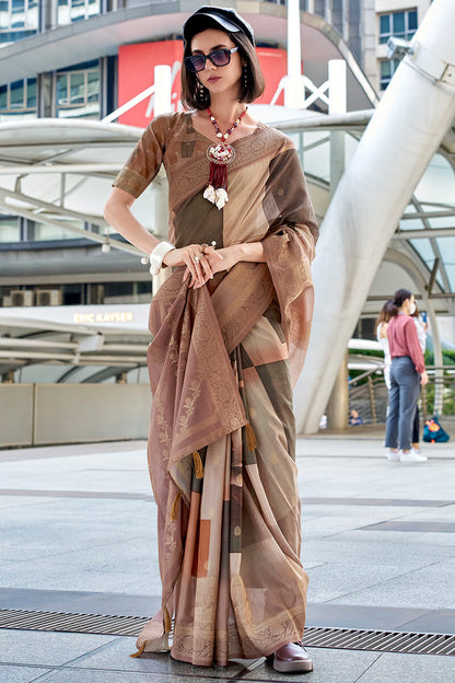 Ravishing Brown Digital Printed Soft Silk Saree With Flamboyant Blouse Piece