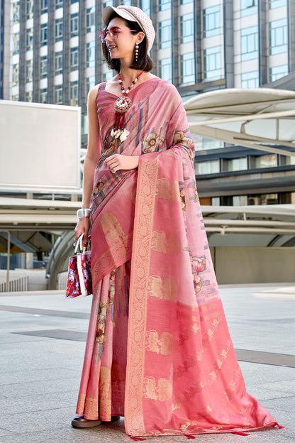 Unequalled Pink Digital Printed Soft Silk Saree With Piquant Blouse Piece