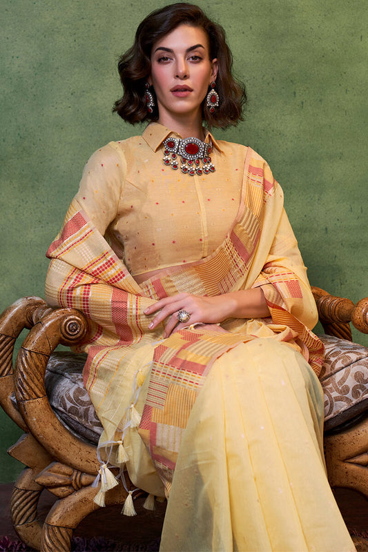Engrossing Yellow Cotton Silk Saree With Prominent Blouse Piece