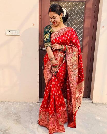 Assemblage Red Soft Banarasi Silk Saree With Demesne Two Blouse Piece