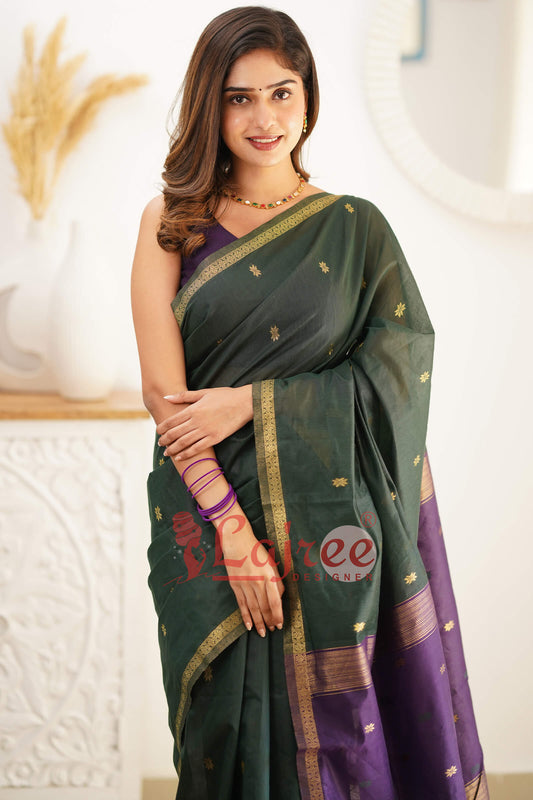 Super Extravagant Green Cotton Silk Saree With Stunner Blouse Piece