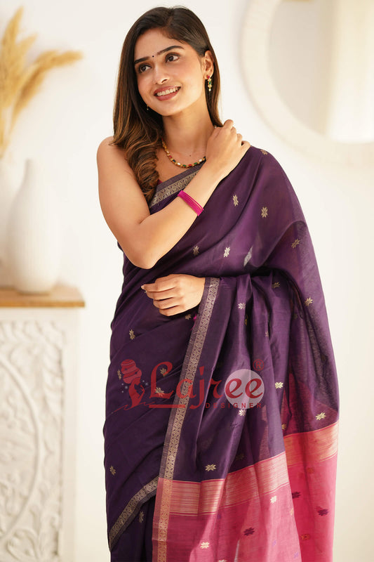 Flattering Purple Cotton Silk Saree With Extraordinary Blouse Piece