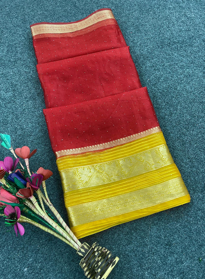 Exuberant Red Organza Silk Saree With Exemplary Blouse Piece