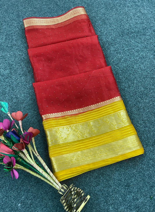 Exuberant Red Organza Silk Saree With Exemplary Blouse Piece